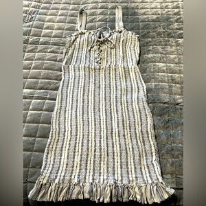 Sincerely Jules Tan and White Ruffled Tie Front Sundress